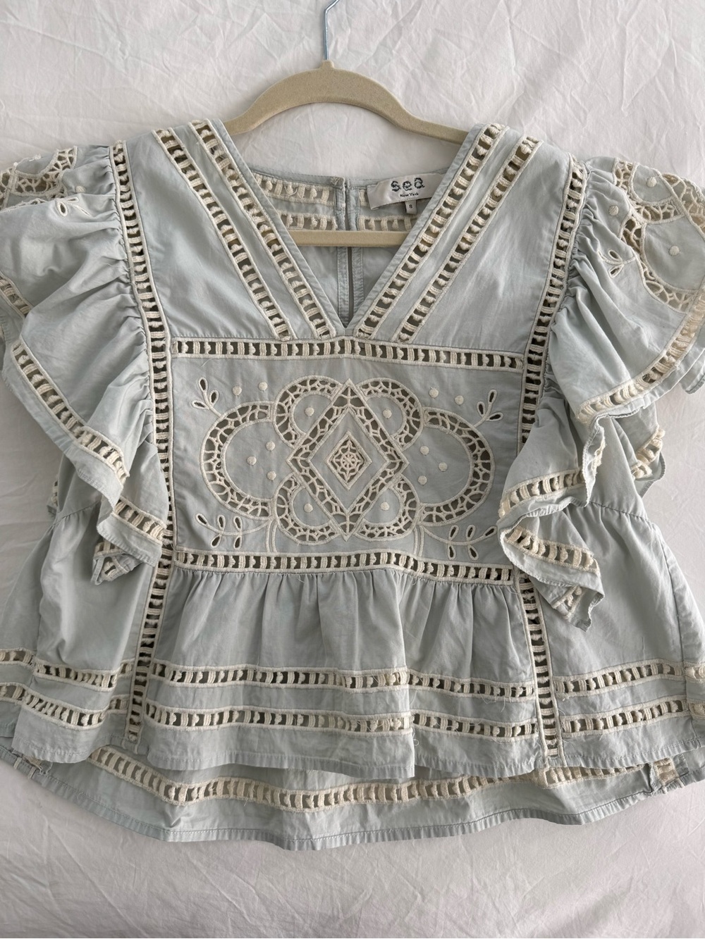Sea New York Blaire Eyelet Embroidered Flutter Sleeve Top in Pale Blue - Picture 3 of 8